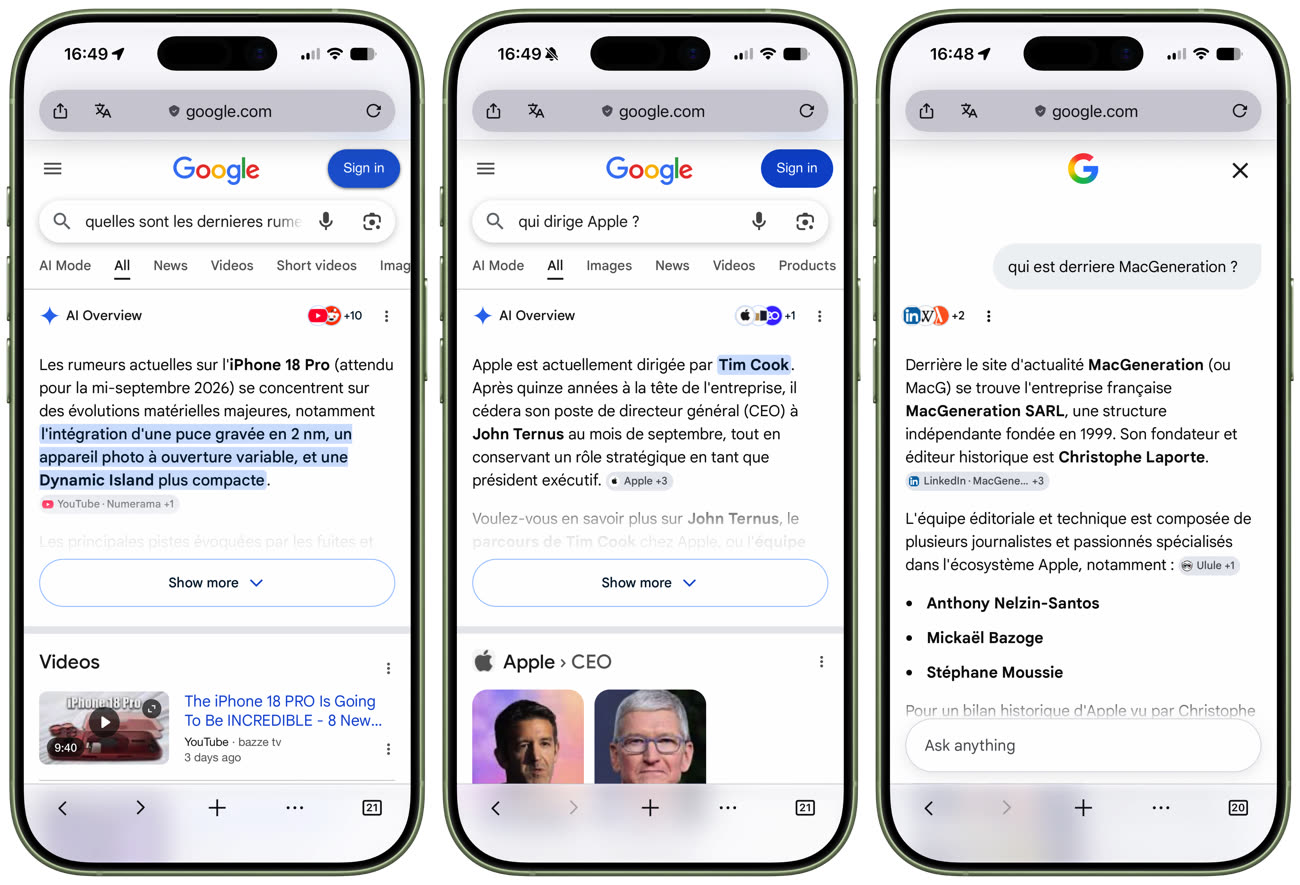 Les résumés IA occupent tout l’espace sur mobile, à tel point qu’il faut savoir qu’en défilant la page, on trouve des liens vers d’autres sites. Google facilite aussi l’accès au mode AI complet, qui affiche une réponse complète et permet d’enchaîner avec une autre question (droite). Image MacGeneration.