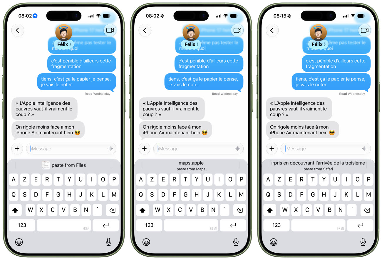 Quelques exemples avec des contenus copiés depuis Fichiers, Plans et Safari. Image iGeneration.