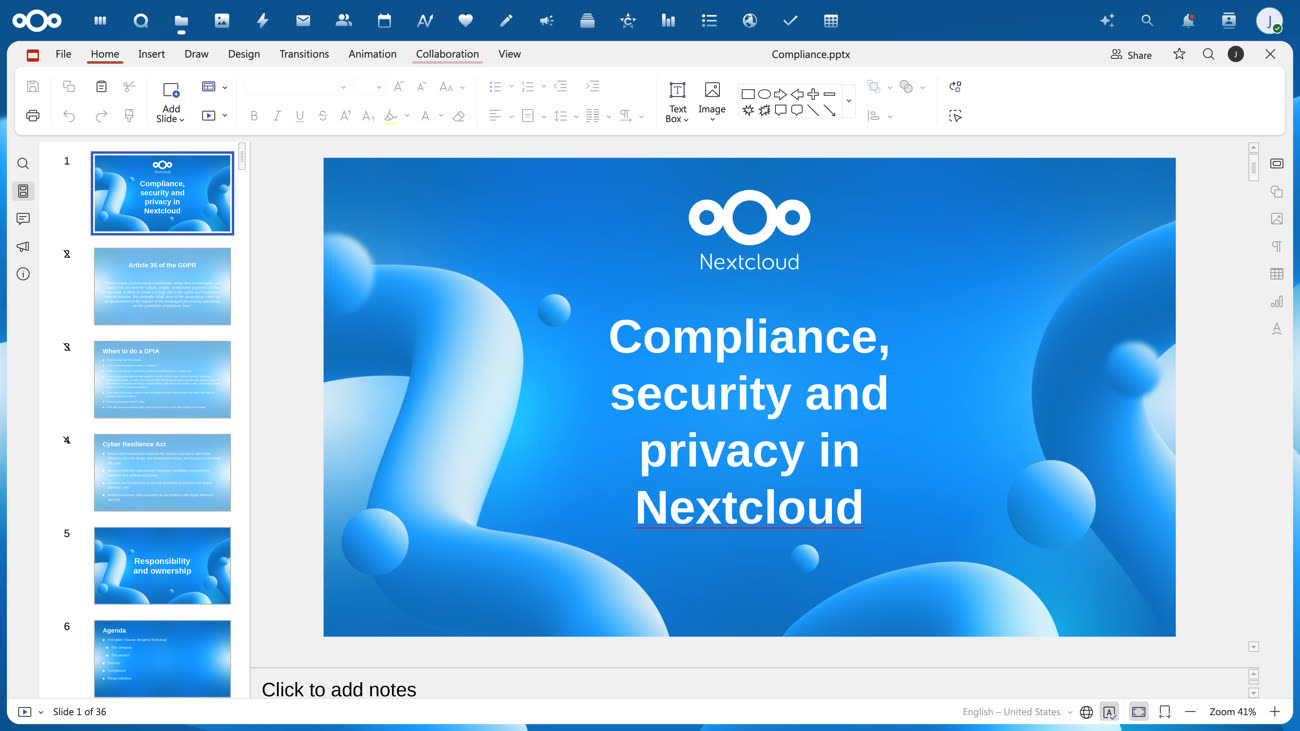 Euro-Office sait aussi gérer les présentations… Image Nextcloud.