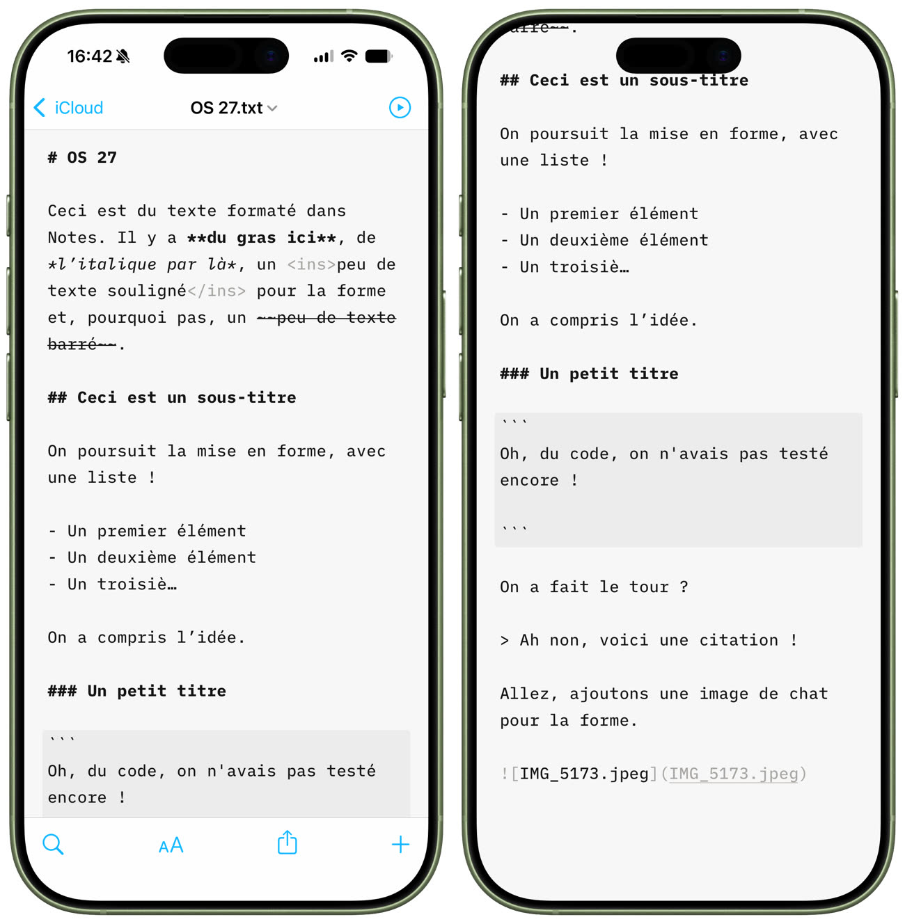 Le résultat de la note copiée en Markdown depuis Notes, collée ici dans iA Writer. Tout y est, même l’image à la fin, bien qu’il faudra gérer le fichier associé pour conserver l’illustration. Image iGeneration.