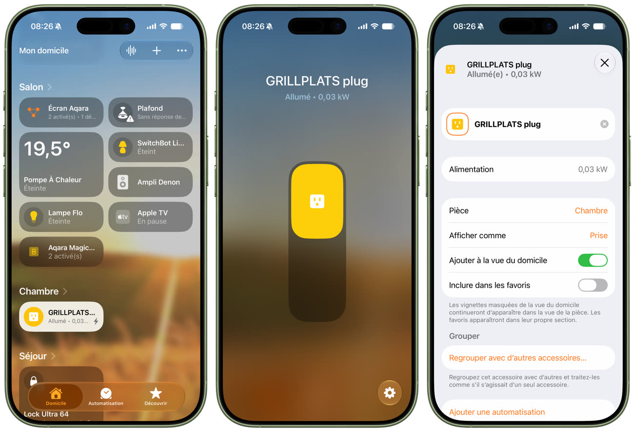 La mesure de puissance d’une prise connectée IKEA remonte dans Maison, sur l’écran d’accueil à gauche, sur son écran de contrôle au centre et sur les détails à droite. Image iGeneration.