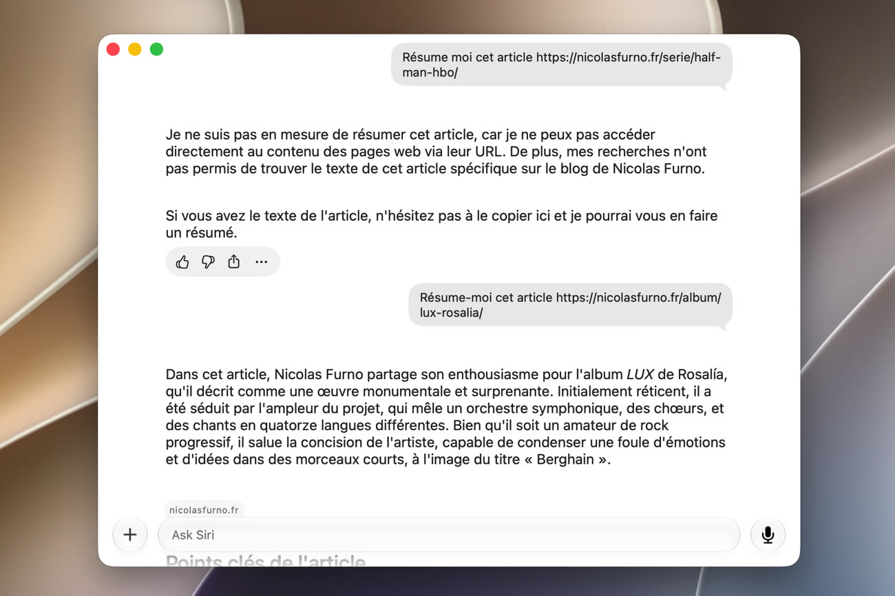 Siri AI ne résumera que les pages web déjà dans sa base de données, les URL trop récentes sont ignorées. Image MacGeneration.