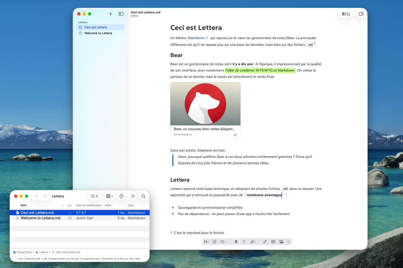 Lettera en action, avec son dossier de fichiers Markdown en bas à gauche. Image MacGeneration.