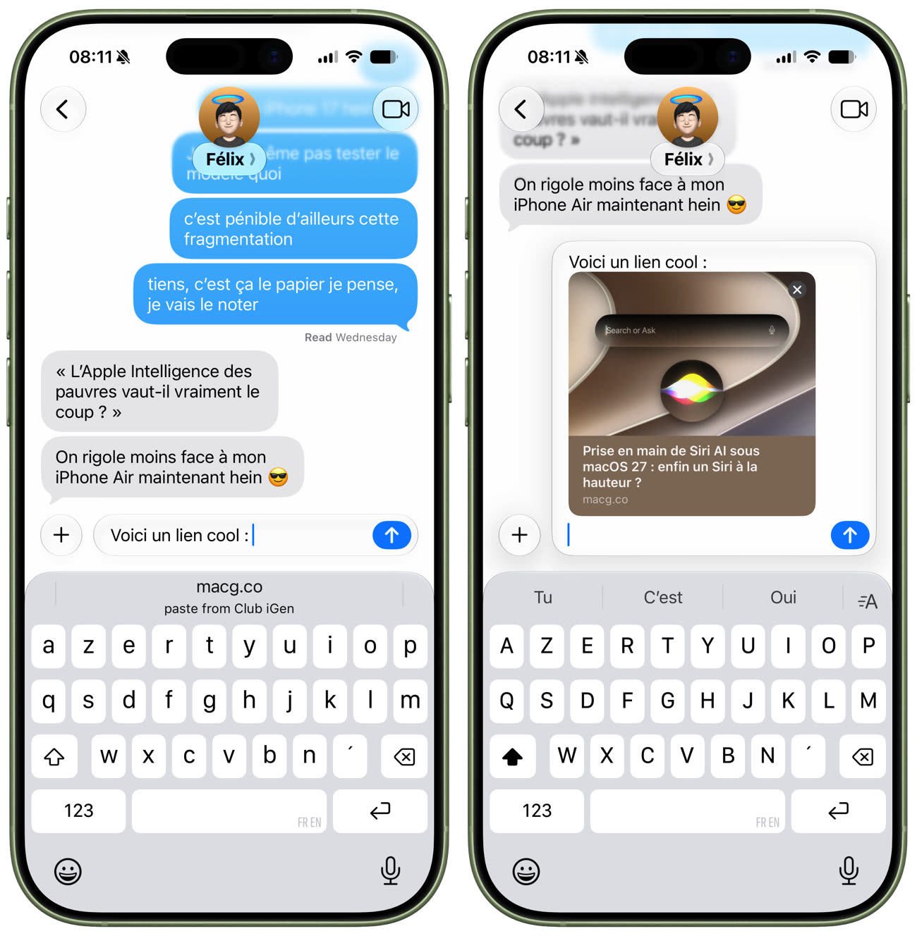 Après avoir copié un lien dans l’app Club iGen, j’ouvre Messages et le clavier virtuel me propose directement le lien (gauche), ce qui permet de l’insérer d’un tap (droite). Image iGeneration.