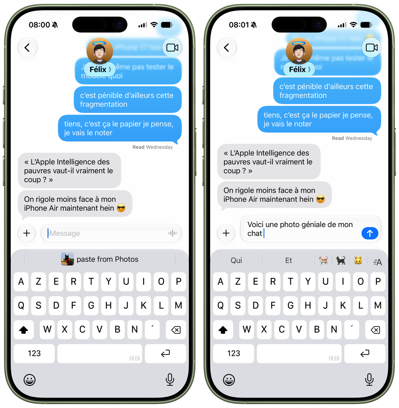 Après avoir copié une photo, Messages propose bien de la coller tant que le message est vide (gauche), mais ce n’est plus le cas après avoir écrit quelques mots (droite). Image iGeneration.