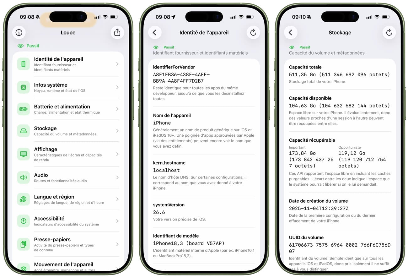 La liste des informations accessibles sans autorisation à gauche et deux exemples sur l’identité de l’appareil (centre) et le stockage (droite). Image iGeneration.
