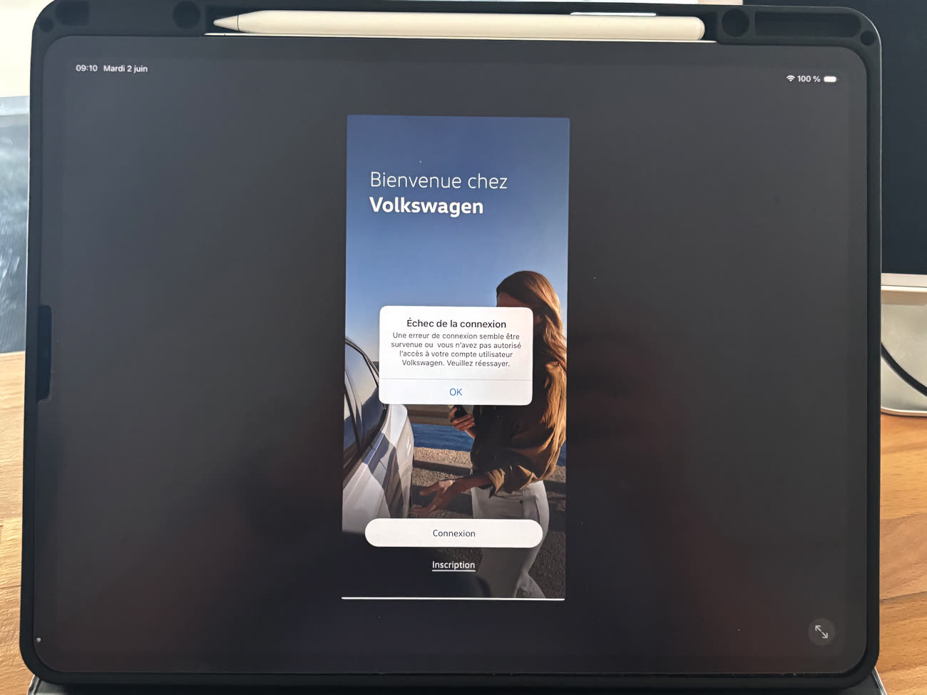 Impossible de se connecter à l’app de Volkswagen ce matin. Merci Thomas pour la photo.