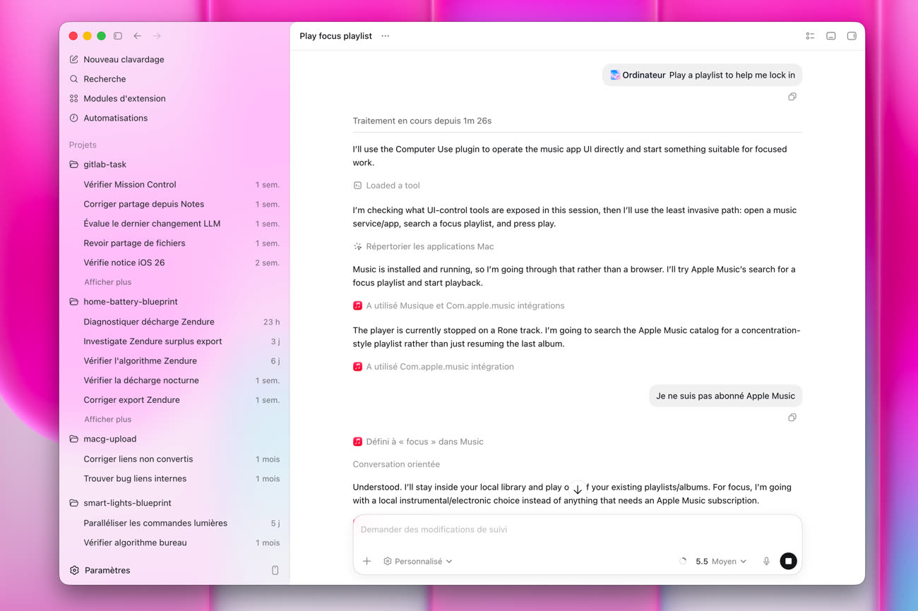 L’utilisation de l’ordinateur en action. Notez ici que j’envoie un message supplémentaire en cours d’exécution, une possibilité prévue par le modèle sous-jacent. Image MacGeneration.
