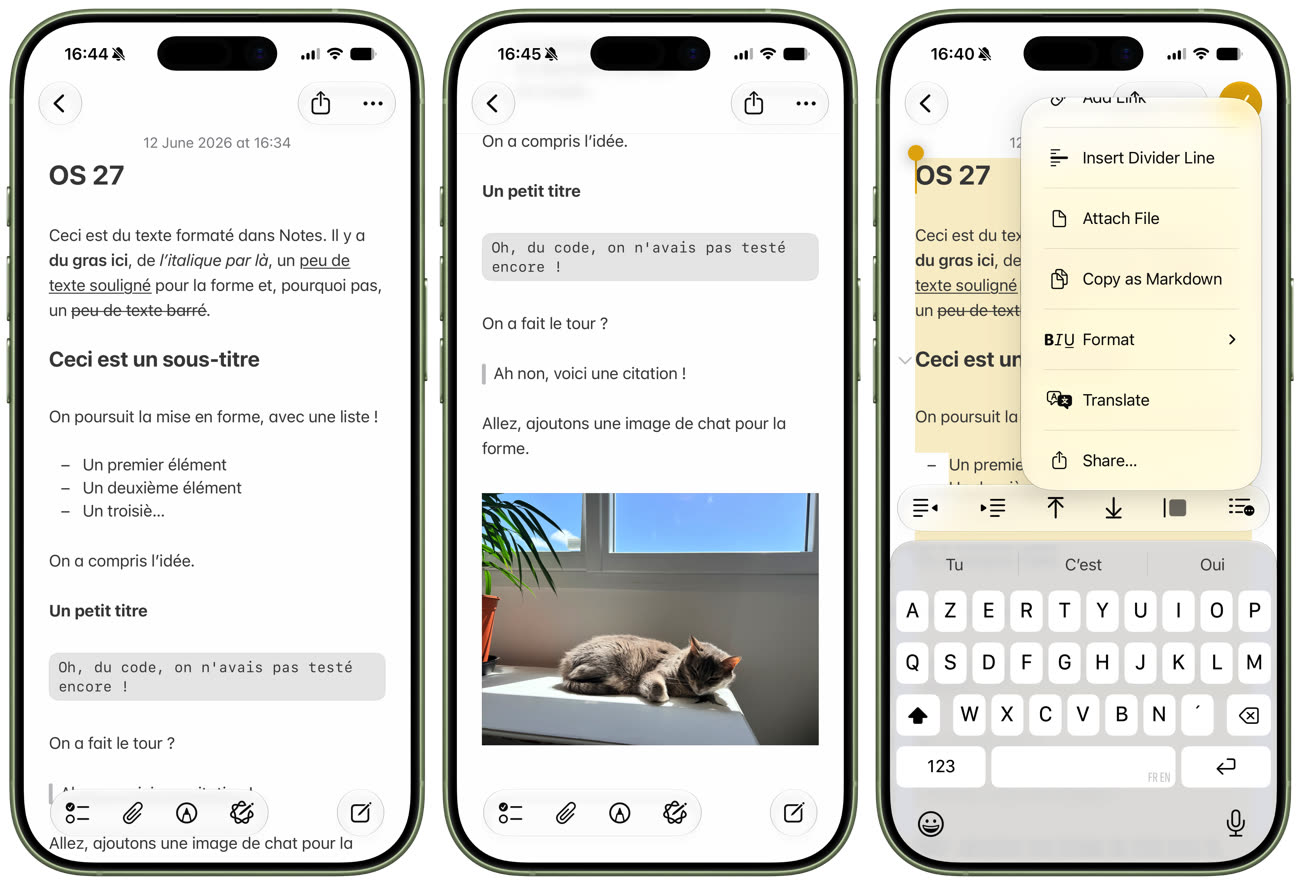 Voici une note concoctée pour les besoins de cet article. À droite, la nouvelle option ajoutée à iOS 27 pour copier le contenu en Markdown. Image iGeneration.