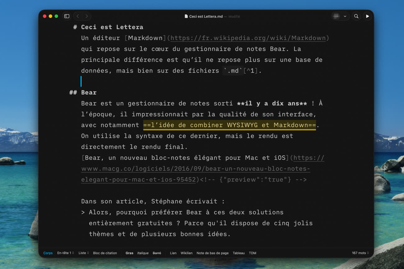 Un fichier créé avec Lettera et ouvert dans iA Writer. Qui vient au passage de recevoir une grosse mise à jour pour adopter le design Liquid Glass d’Apple, sans bousculer près de quinze ans d’habitudes. Image MacGeneration.
