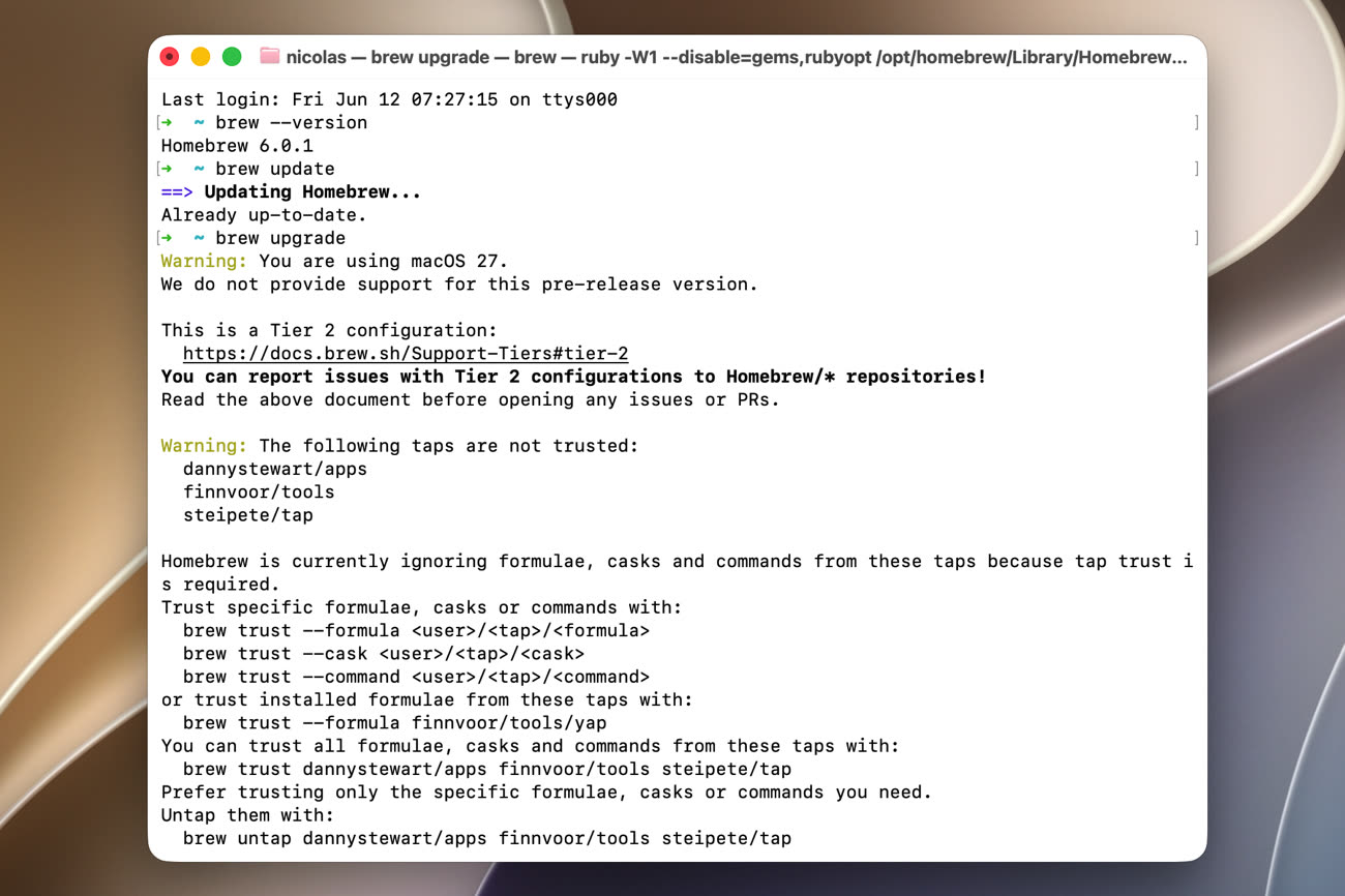 Homebrew 6 en action sous macOS 27, avec les avertissements sur les sources non approuvées. Image MacGeneration.