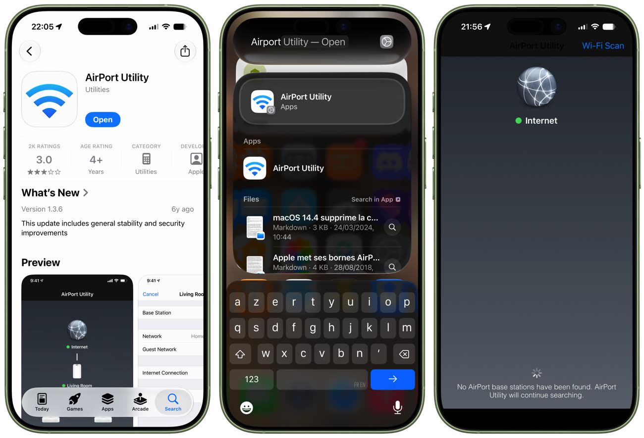 AirPort Utility va bientôt disparaître de l’App Store (gauche), mais restera sur l’iPhone (centre et droite), sans garantie. Image iGeneration.