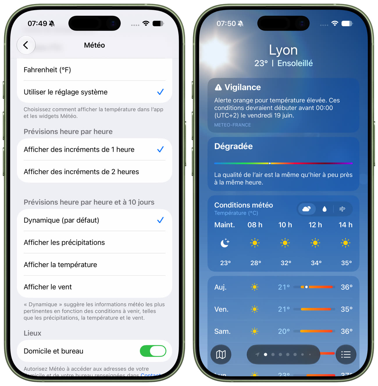 Les deux nouvelles options ajoutées à l’app Météo à gauche, les prévisions horaires toutes les deux heures à droite. Image iGeneration.