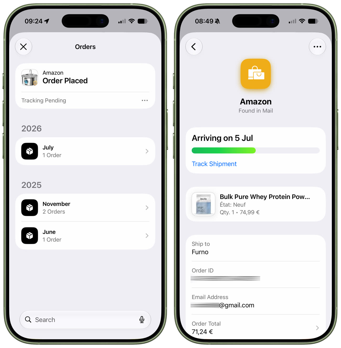Suivi de commandes Amazon dans l’app Cartes (gauches), y compris avec les différentes étapes, déduites des mails (droite). Image iGeneration.
