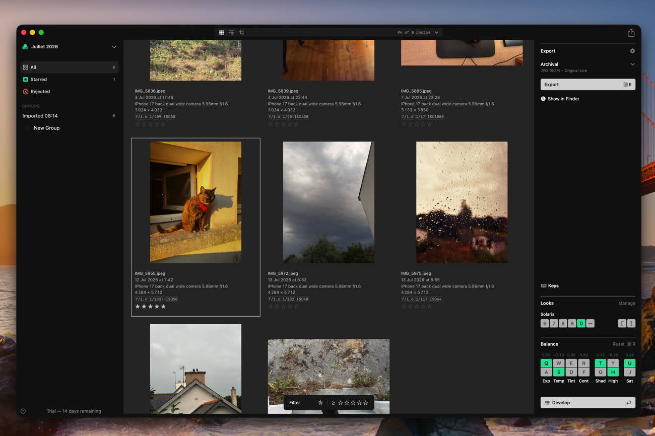 L’interface d’Aphera, ici sur la grille de photos qui permet de modifier les images directement à l’aide des contrôles associés à des touches du clavier (en bas à droite). Image MacGeneration.