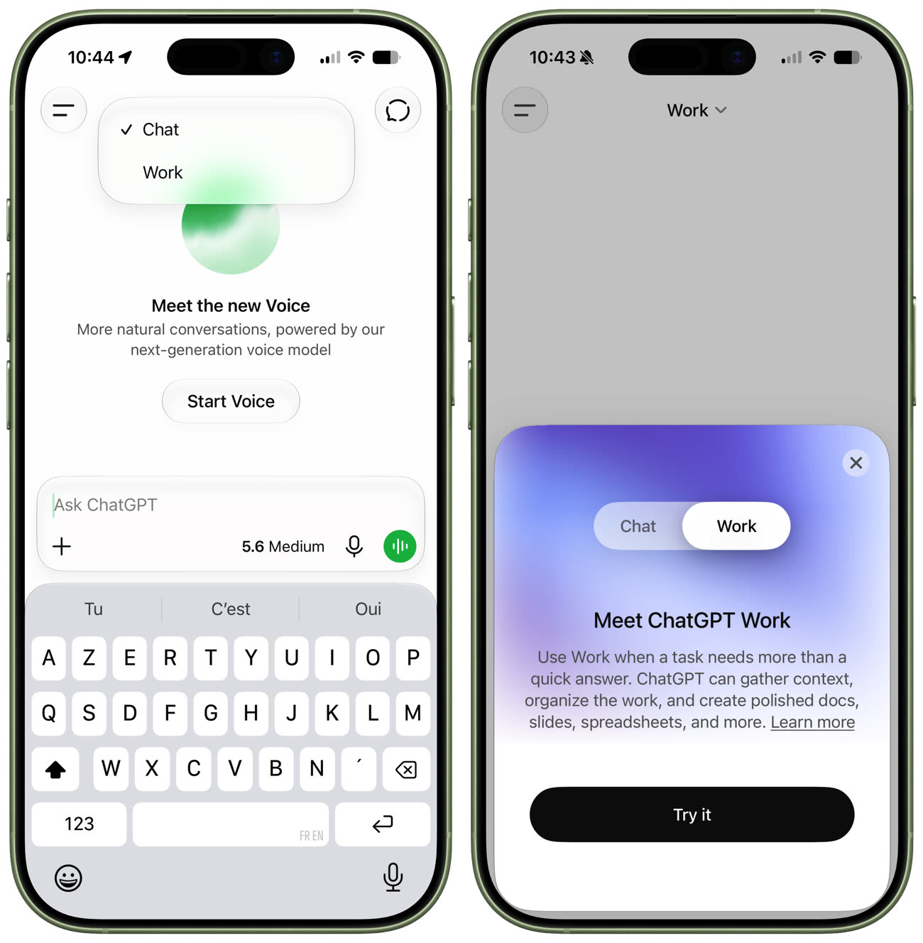 L’app mobile de ChatGPT a reçu une mise à jour elle aussi, pour intégrer le même mode travail que sur les ordinateurs. Image MacGeneration.