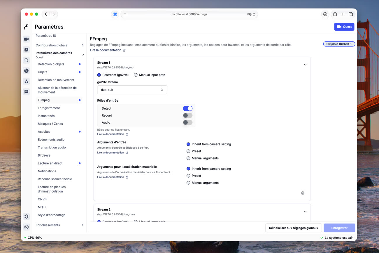L’éditeur visuel de configuration inclus dans Frigate 0.18, ici pour les paramètres ffmpeg d’une caméra. Image iGeneration.