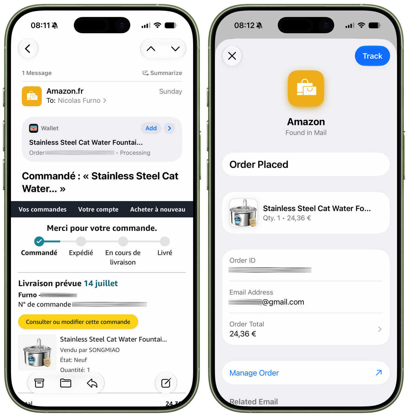 Ajout d’une commande Amazon depuis Mail (gauche) à Cartes (droite) via le bouton intégré par le client mail d’Apple. Image iGeneration.