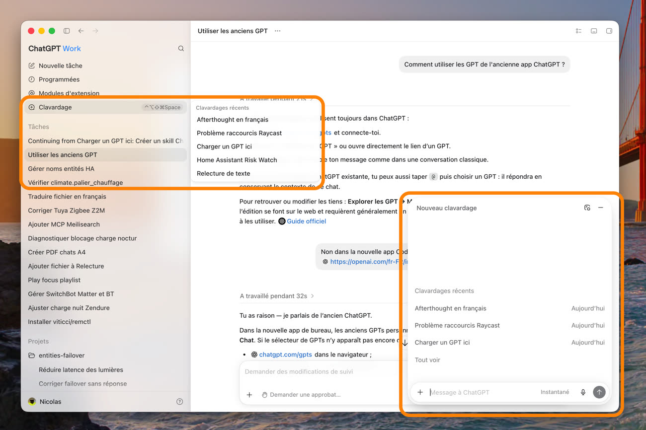 Voici l’intégralité de l’ancien ChatGPT dans la fenêtre de la nouvelle app. J’ai encadré les deux zones concernées, tant on a du mal à les repérer dans cette interface chargée et peu contrastée. Image MacGeneration.