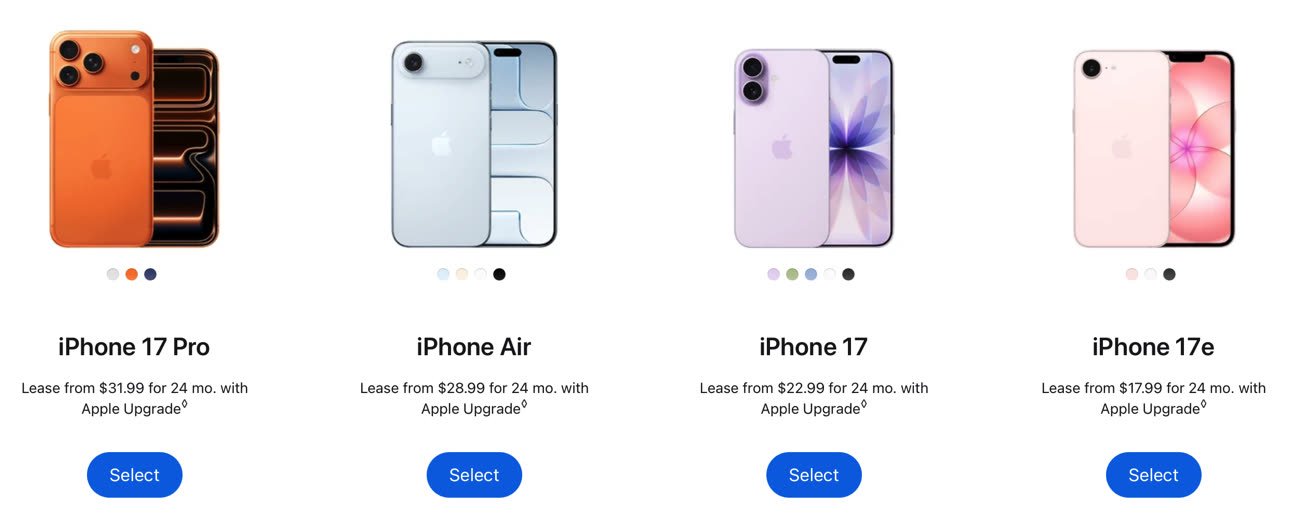 La grille d’iPhone proposée dans le cadre d’Apple Upgrade. Capture d’écran site Apple, image MacGeneration.