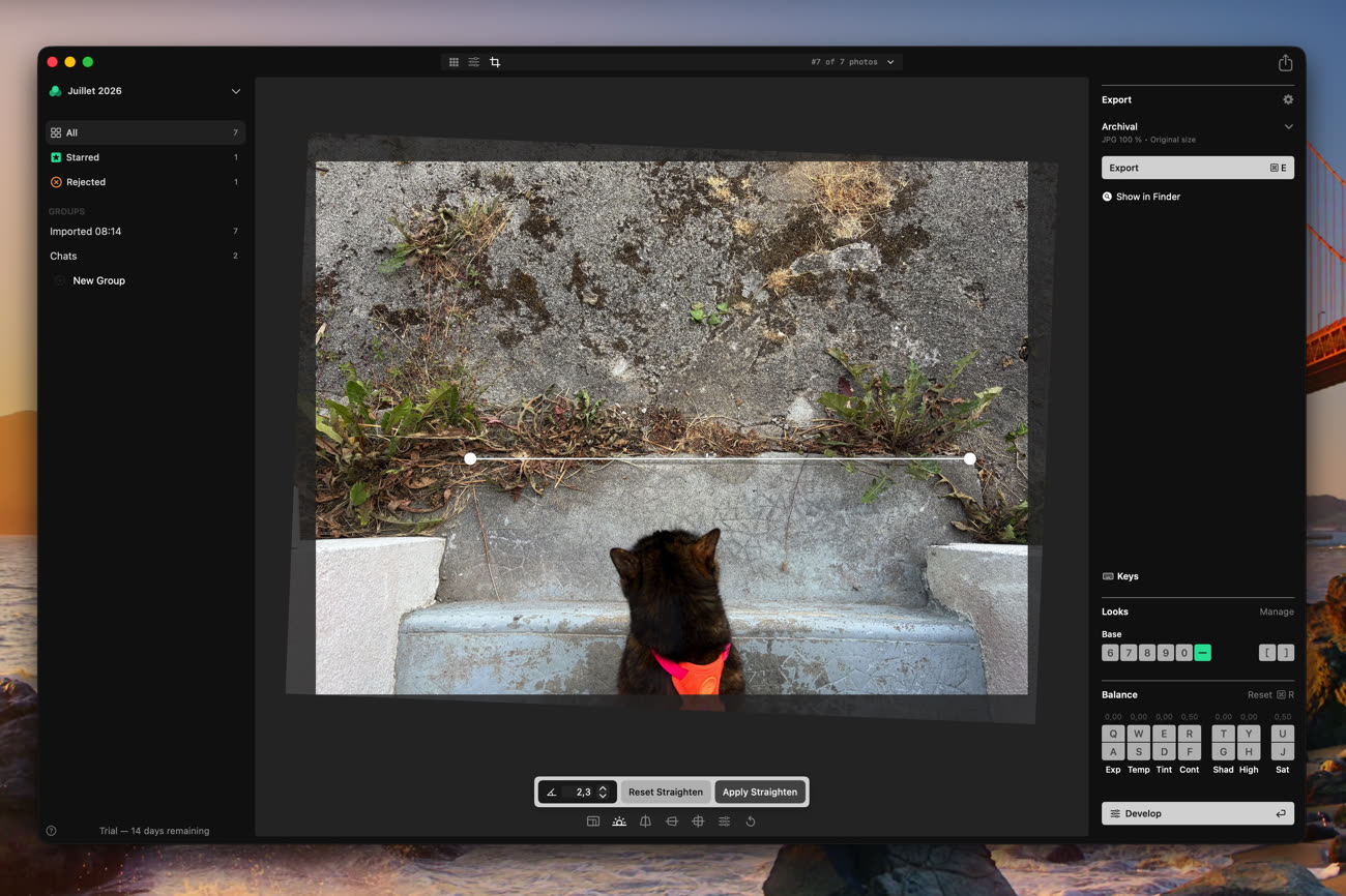 Aphera peut recadrer des images et aussi corriger leur géométrie, avec des outils bien plus avancés que ceux d’Apple, ici l’horizon. Image MacGeneration.