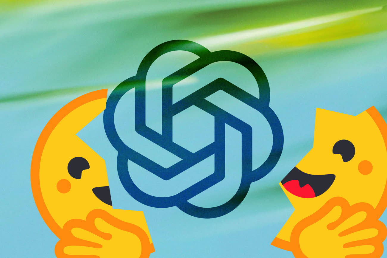 Le logo de Hugging Face, éclaté en deux par celui de ChatGPT, allégorie. Image MacGeneration.