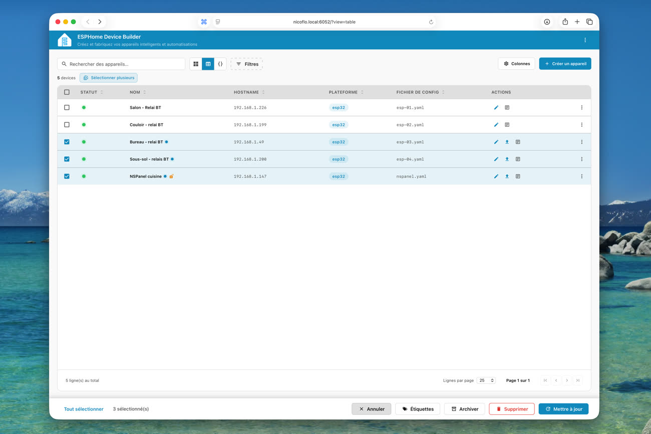 L’interface de gestion d’ESPHome 2026.6, avec ici plusieurs ESP32 sélectionnés et la barre d’actions en bas. Image iGeneration.