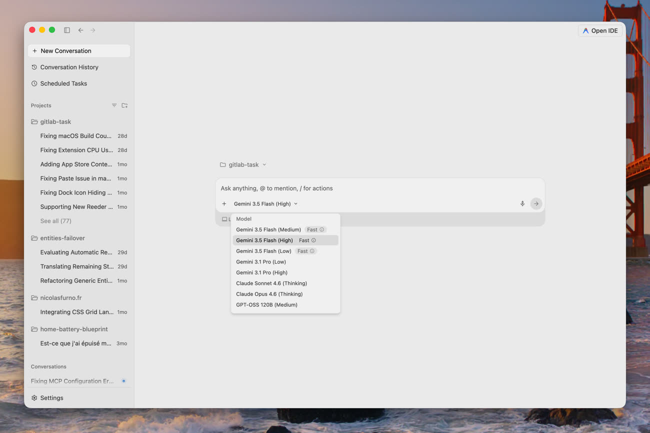 Faute de nouveau modèle, Antigravity, l’outil de développement fourni par Google, repose toujours sur Gemini 3.5 Flash ou Gemini 3.1 Pro. Image MacGeneration.
