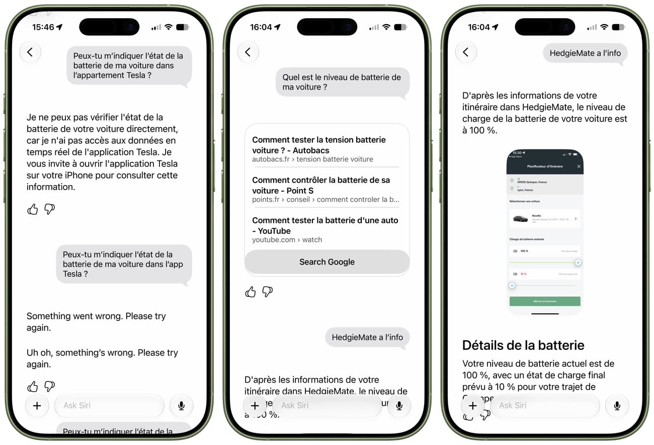 J’essaie d’abord de demander à Siri AI de récupérer le niveau de batterie de ma voiture dans l’app Tesla, mais ce n’est logiquement pas possible (gauche). En voulant essayer avec HedgieMate qui fournit le chiffre, j’ai obtenu une réponse très étrange… (centre et droite). Image iGeneration.