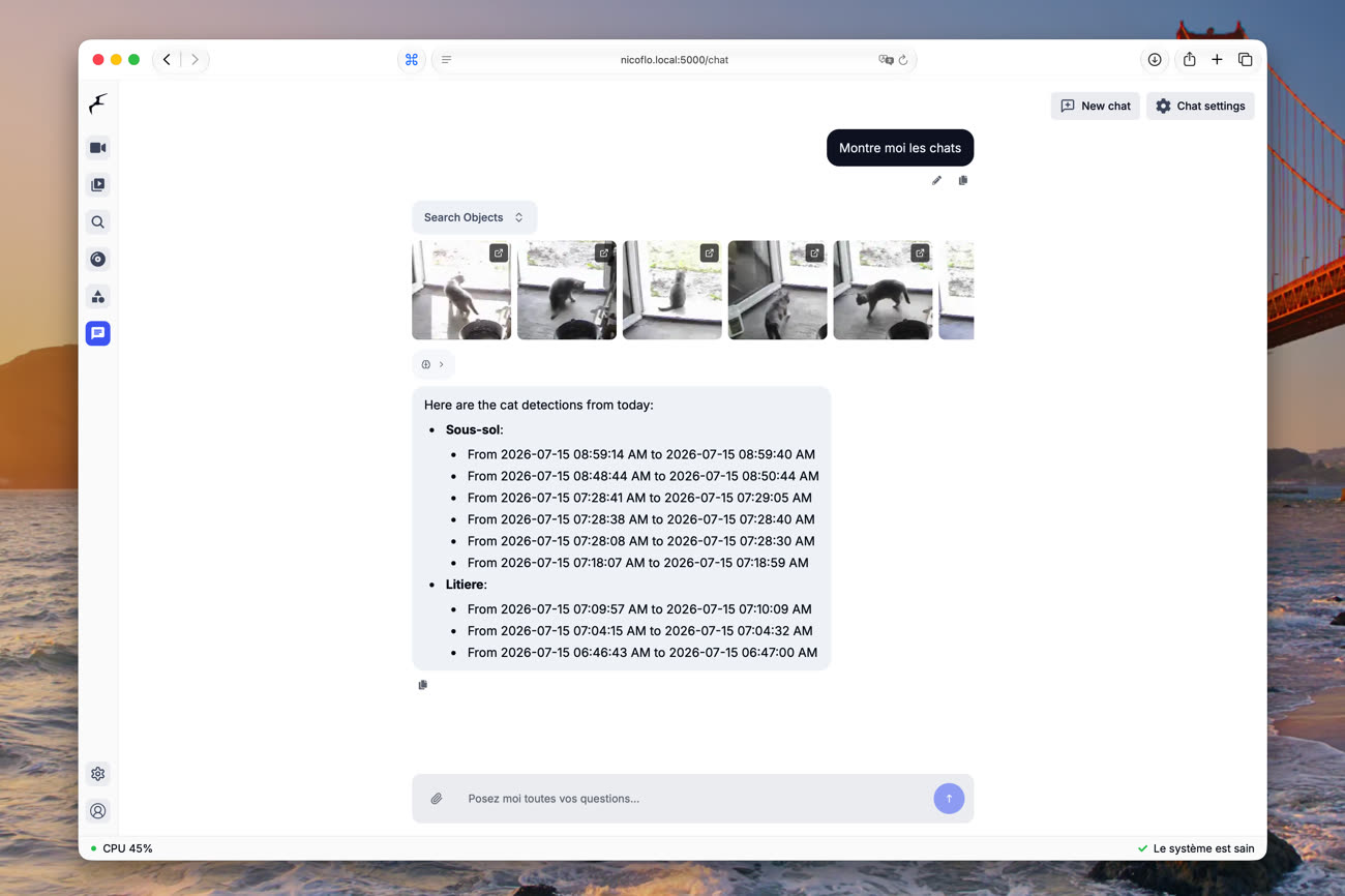 Le chatbot intégré à Frigate 0.18, ici pour retrouver des vidéos de chats (duh…). Image iGeneration.
