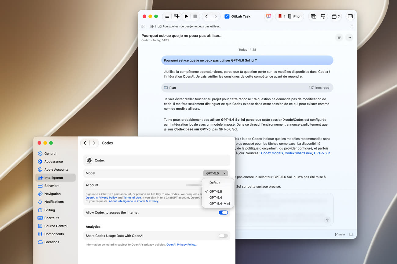 Xcode 27 reste bloqué sur GPT-5.5 au mieux, ce qui le prive d’un bien meilleur modèle fourni par OpenAI. Image MacGeneration.