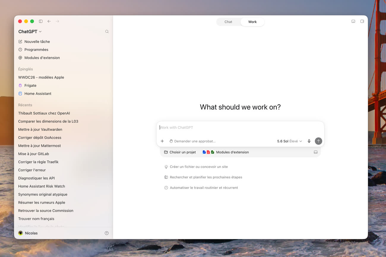 La fonction « ChatGPT Work » est maintenant une sous-section du mode ChatGPT, et non de Codex. Image MacGeneration.