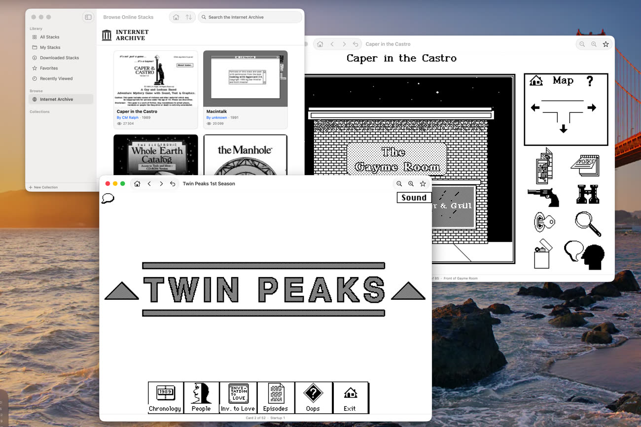 Stacks en action, avec son navigateur intégré pour télécharger des piles en haut à gauche et deux exemples : la pile Twin Peaks qui rassemble tout ce qu’il faut savoir sur la première saison en bas à gauche et le jeu d’aventures Caper in the Castro en haut à droite. Image MacGeneration.