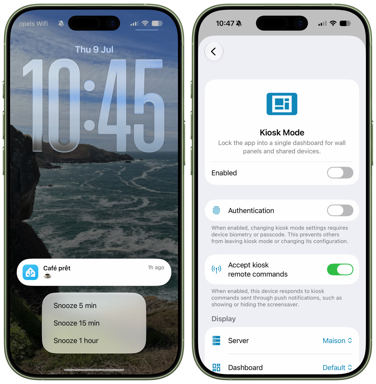 Deux nouveautés de la dernière version : mise en pause temporaire des notifications à gauche, nouveau mode kiosque à droite. Image iGeneration.
