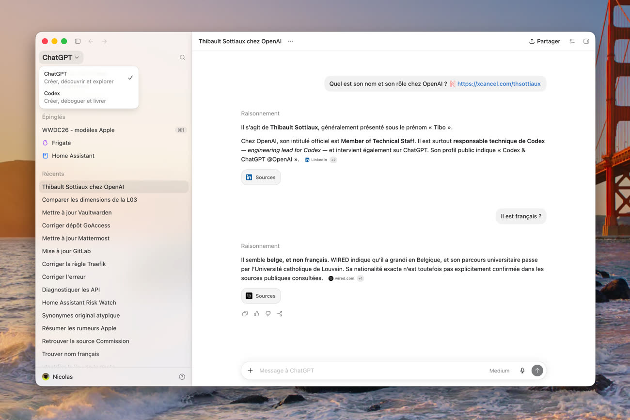 Le mode ChatGPT dans l’app ChatGPT : on voit bien quelle entreprise inspire OpenAI… 🙃 Notez en haut à gauche de la fenêtre le sélecteur pour activer Codex. Image MacGeneration.