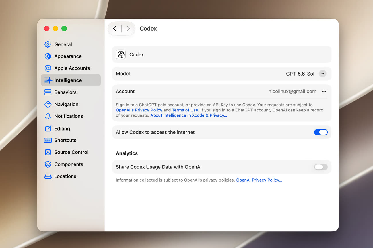 GPT-5.6 fait partie des modèles proposés par Xcode 27 b5 pour son intégration de Codex. Image MacGeneration.