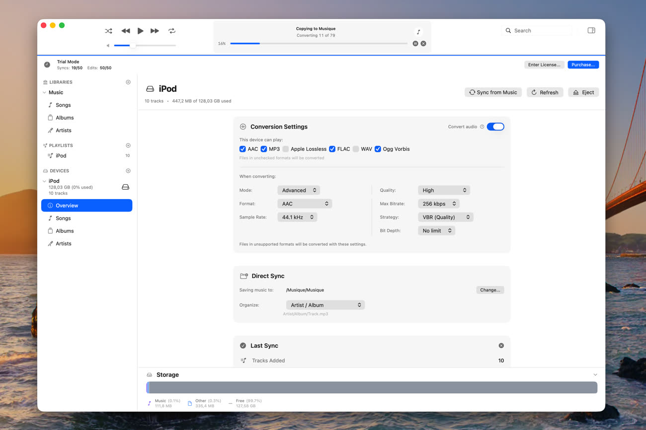 L’interface de gestion de la synchronisation, avec notamment les conversions de fichiers qui peuvent être réalisées automatiquement selon les besoins. Image MacGeneration.