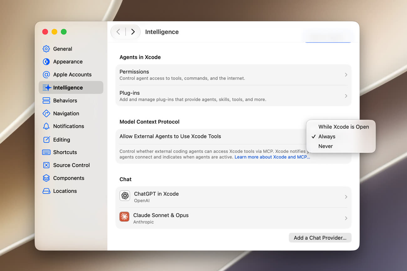 Le nouveau menu de Xcode 27 qui active le serveur MCP accessible en permanence. Image MacGeneration.