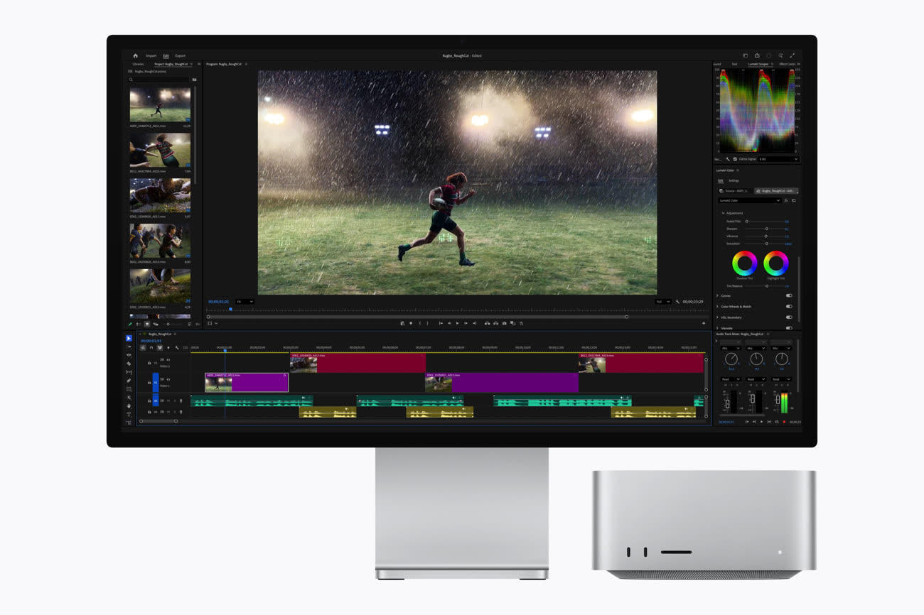 Apple a choisi Adobe Premiere pour illustrer les capacités du Mac Studio, même si on imagine que les utilisateurs de Final Cut Pro bénéficieront aussi des gains apportés par les nouvelles puces. Image Apple.