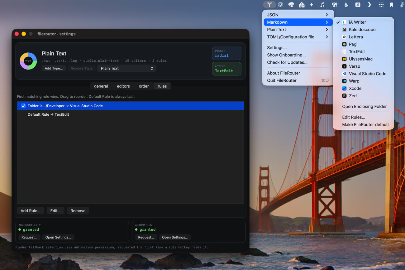 Le configurateur complet de FileRouter à gauche, ici avec une configuration différente selon le chemin. À droite, le menu qui permet de changer à la volée l’app associée à chaque format. Image MacGeneration.