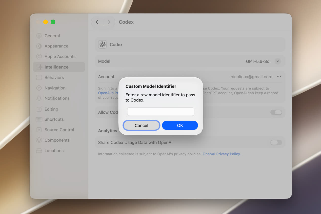 Xcode 27 b5 propose de saisir l’identifiant d’un modèle, ce qui évite d’avoir à attendre une mise à jour de l’app pour utiliser les nouvelles variantes de l’IA d’OpenAI. Image MacGeneration.