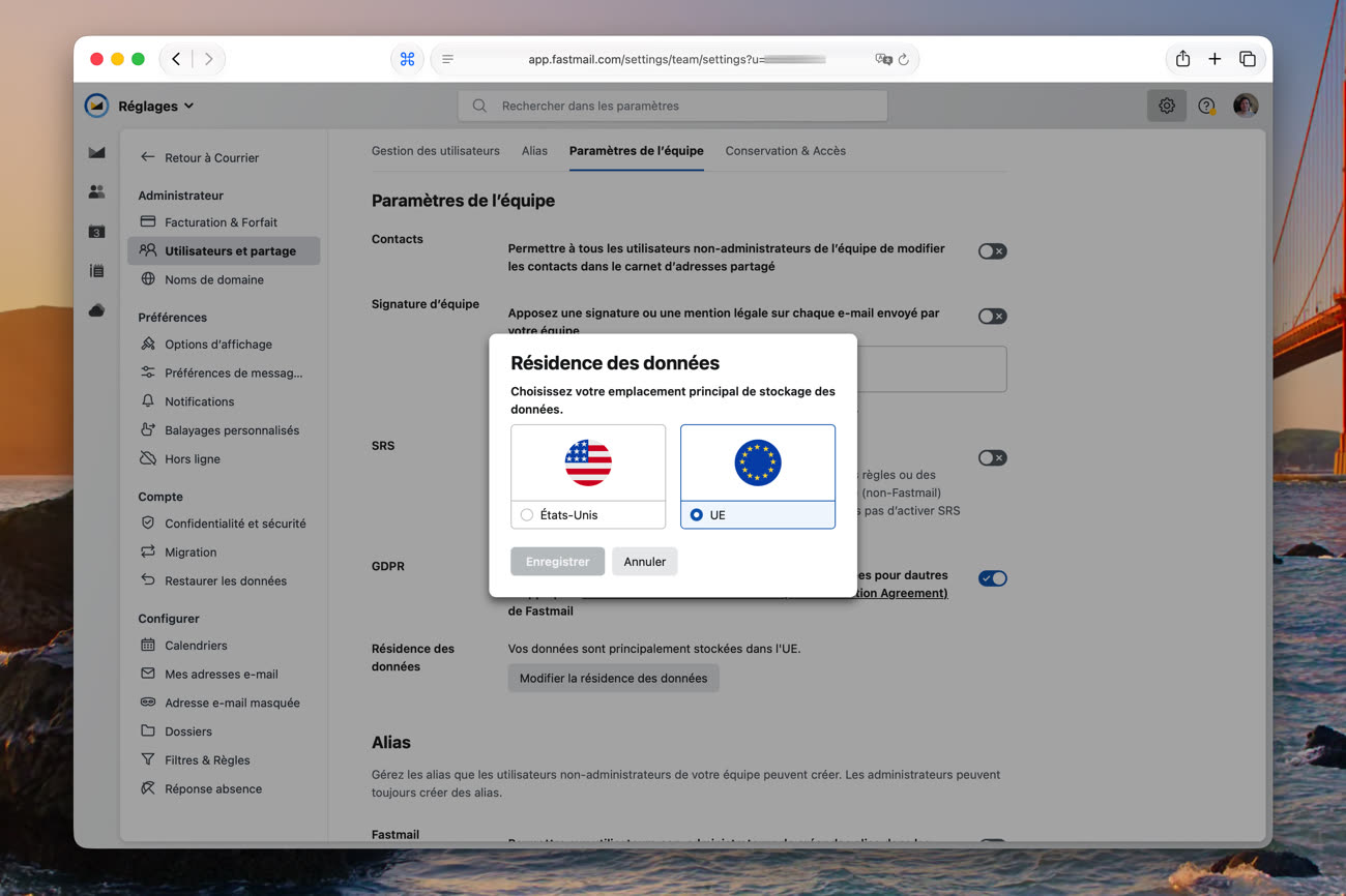 Le compte Fastmail de MacGeneration était déjà correctement associé aux serveurs européens, avec la possibilité de revenir aux États-Unis si on le souhaitait pour une raison ou une autre. Image MacGeneration.