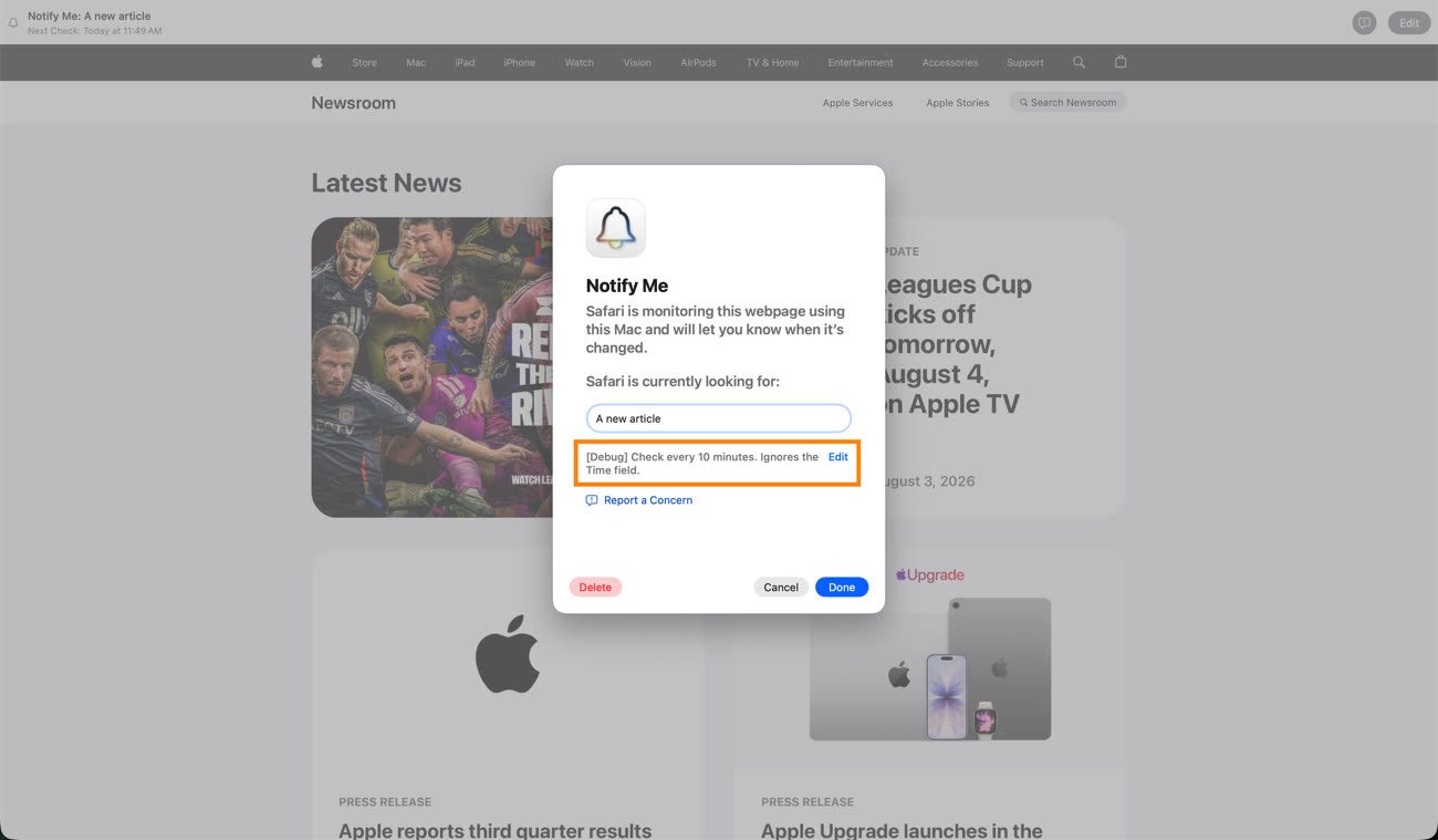 Safari 27 permet de vérifier les changements sur une page web toutes les dix minutes, même s’il faut bricoler pour cela. Image pdfux.