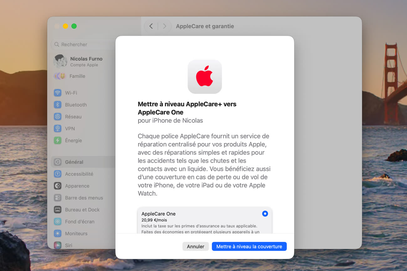 Apple me propose d’activer AppleCare One uniquement pour mon iPhone, ce qui ne semble pas une très bonne idée sur le plan financier. Image MacGeneration.