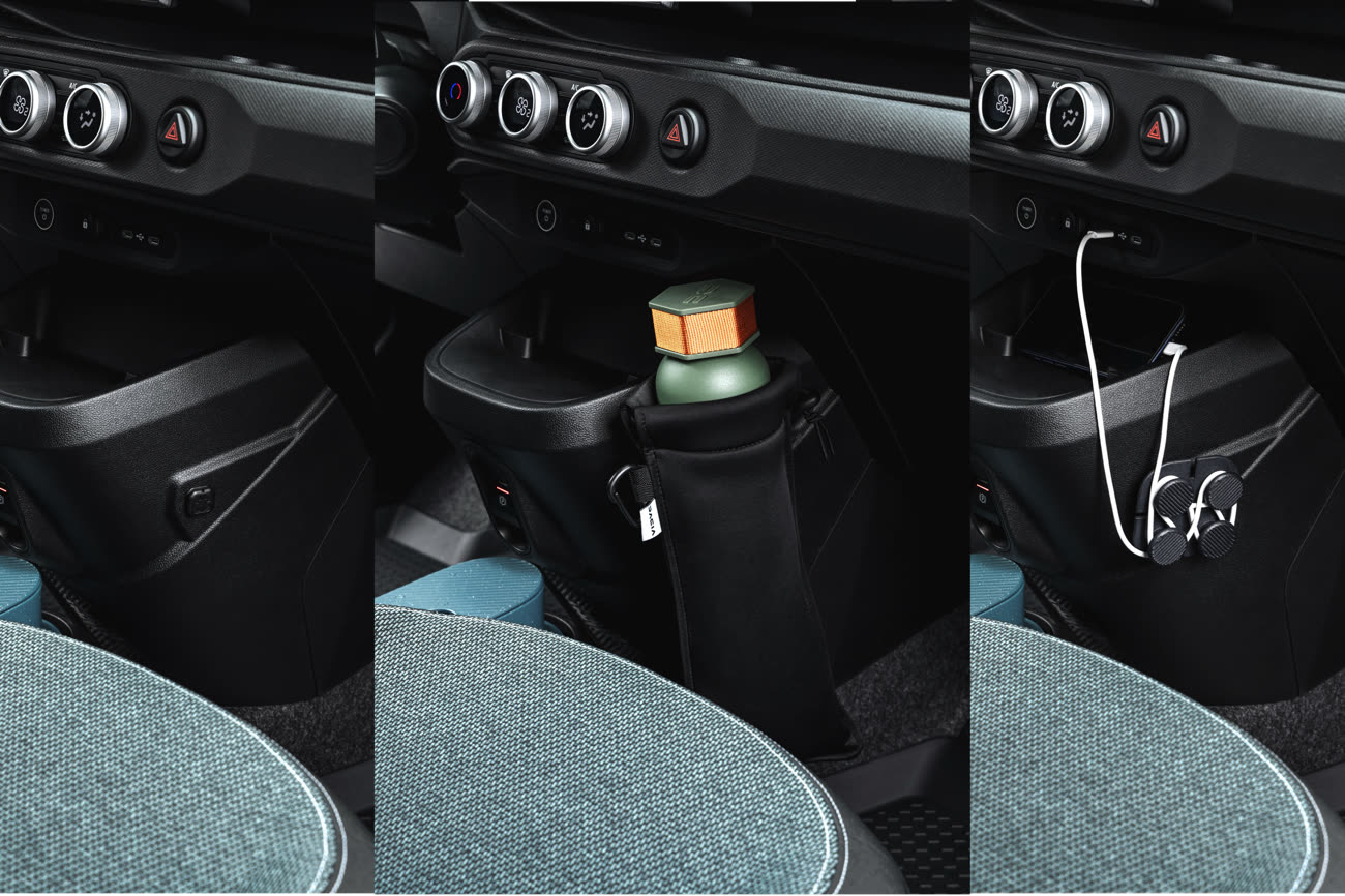L’un des points d’attache à l’avant à gauche et deux exemples d’accessoires que l’on peut positionner dessus au centre et à droite. Images Dacia/MacGeneration.