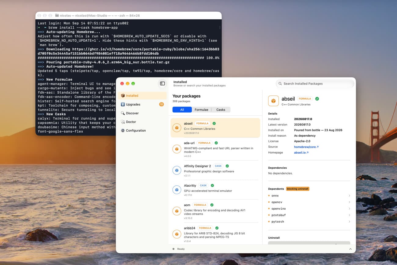 La nouvelle app Homebrew pour le Mac en action, après son installation depuis le Terminal en arrière-plan. Image MacGeneration.