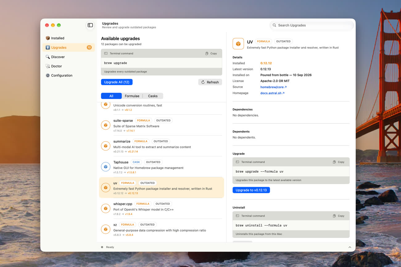 La liste des paquets en attente de mise à jour sur mon Mac, vue depuis l’app de Homebrew. Image MacGeneration.