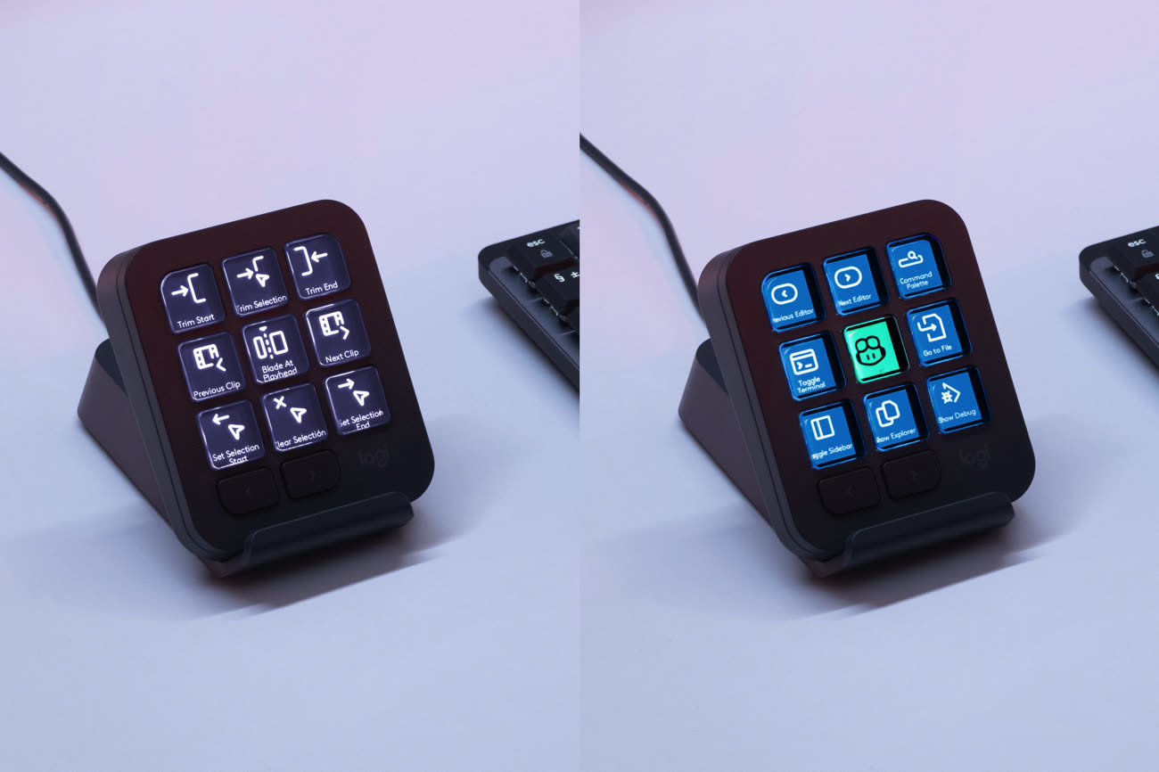 Deux configurations différentes, pour du montage vidéo à gauche et pour du développement à droite. Image Logitech.