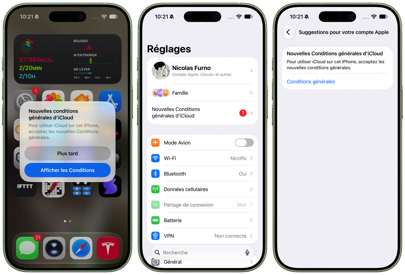 Plusieurs appareils m’ont demandé ce matin de valider de nouvelles conditions iCloud, alors qu’Apple n’y a pas touché depuis un an. Peut-être un bug en amont de la sortie des versions finales. Image MacGeneration.