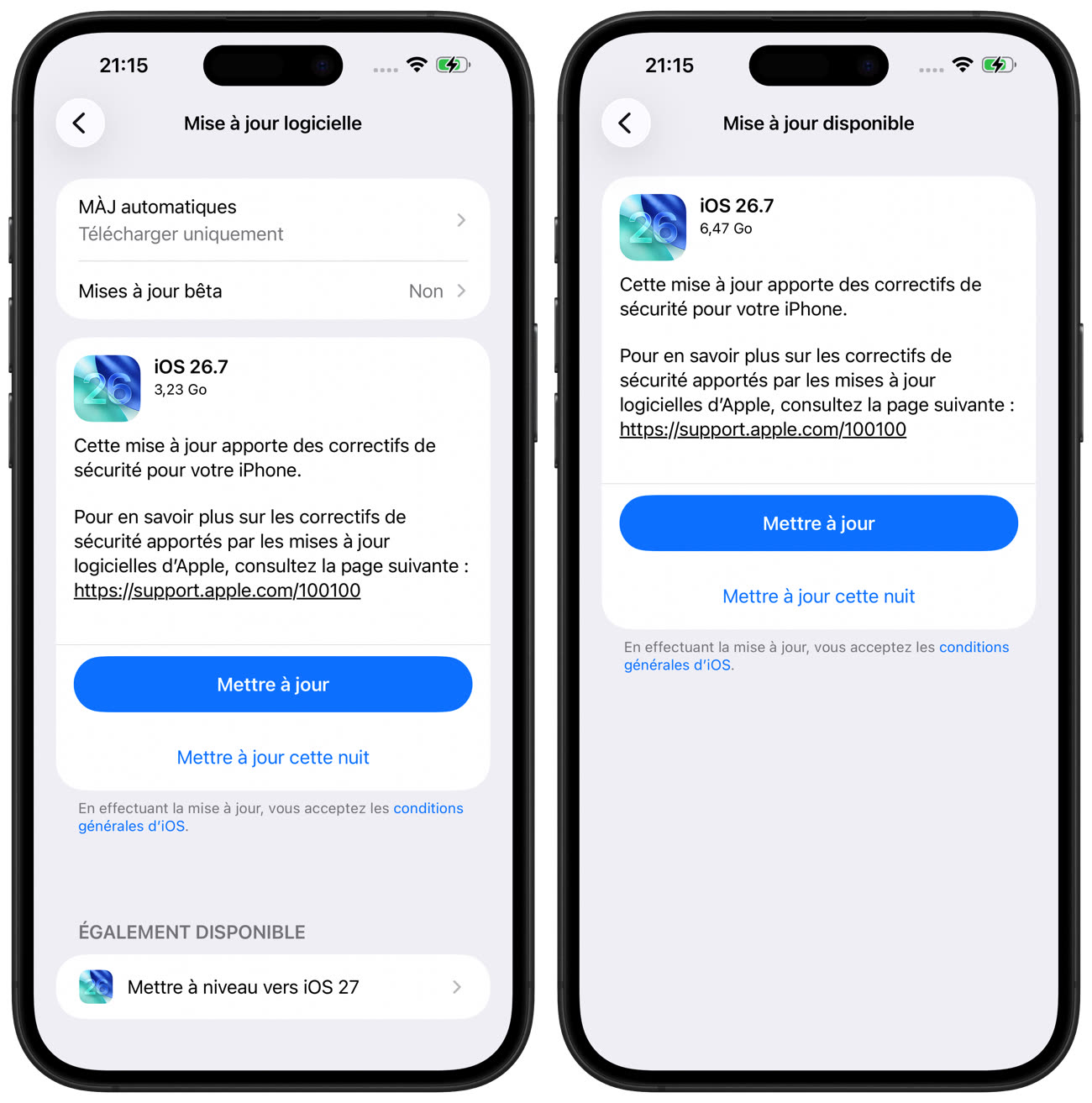 Vous ne voudriez pas d’iOS 26.7 plutôt ? Apparemment, celui sur le deuxième écran (droite) installe en réalité iOS 27. Les plus observateurs auront peut-être le poids annoncé, très différent. Image iGeneration.